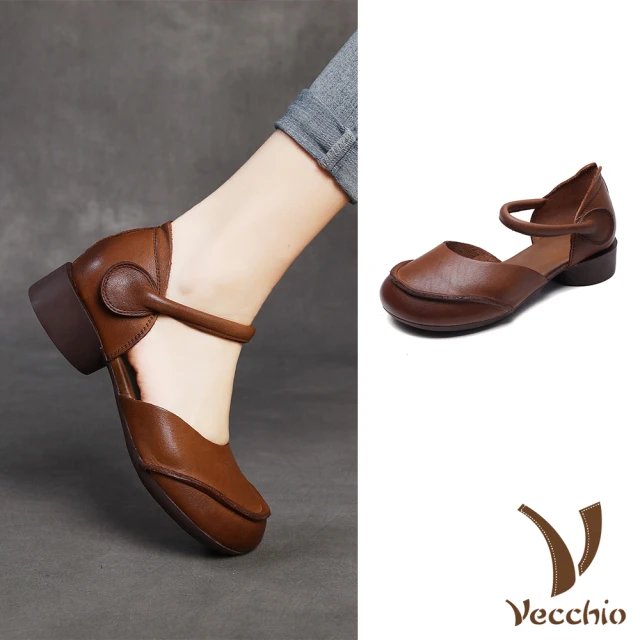 VecchioVecchio 真皮涼鞋 包頭涼鞋/全真皮頭層牛皮復古拼接小圓頭包頭涼鞋(卡其)