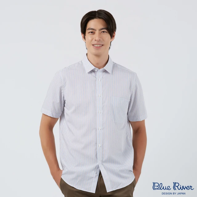 Blue River 藍河 男裝 白色短袖襯衫-雙色灰藍條紋(日本設計 純棉舒適)
