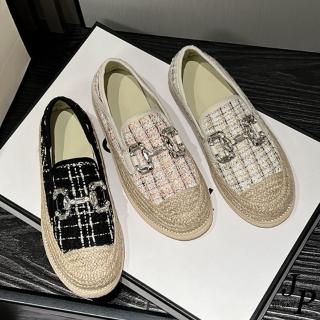 【JP Queen New York】格紋布料水鑽草編厚底漁夫鞋休閒鞋(3色可選)