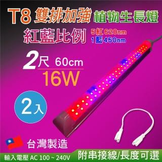 【加特屋】T8 2尺16W 雙排加強型 紅藍混光 植物生長燈 2入組(附串接線 晶元蕊片 臺灣製 植物燈)