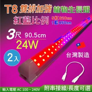 【加特屋】T8 3尺24W 雙排加強型 紅藍混光 植物生長燈 2入組(附串接線 晶元蕊片 臺灣製 植物燈)