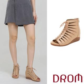 【DROM】坡跟涼鞋 露趾涼鞋/復古幾何縷空繫帶歐美時尚坡跟露趾涼鞋(杏)