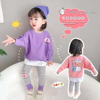 【安朵童舖】現貨韓版薄款女童假兩件長袖花邊圓領家居服套裝兒童印花長袖上衣長褲(026)