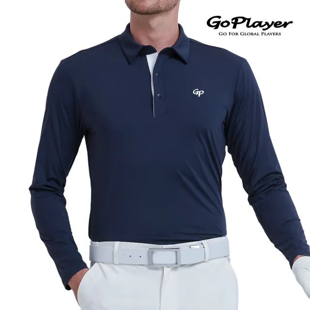 【GoPlayer】出清特價 男彈性快乾長袖上衣-藏青.紅(高爾夫長袖T恤球衫 Polo運動排汗速乾Golf球衣)