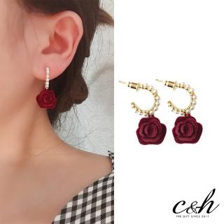 【c&h】法式酒紅絲絨玫瑰 925純銀針 珍珠 耳環經典 飾品