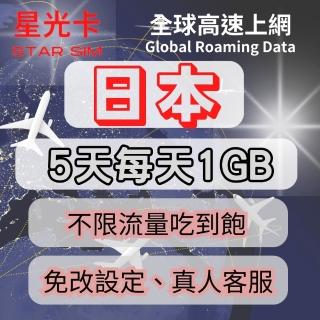【星光卡 STAR SIM】日本上網絡卡5天每天1GB(不限流量吃到飽 免設定自動上網)