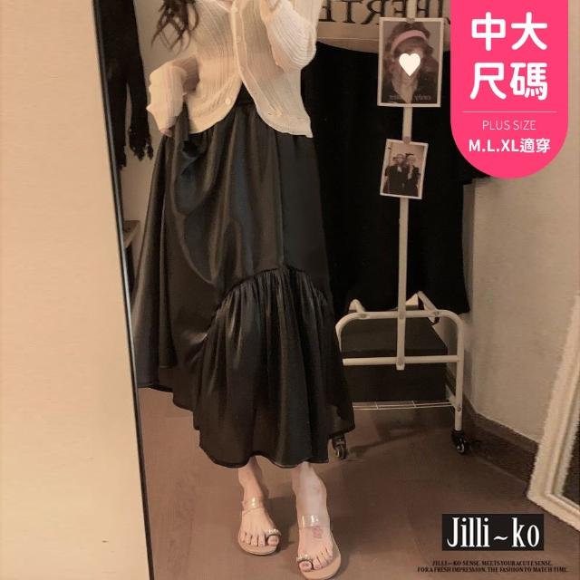 【JILLI-KO】光澤感不規則拼接網紗長裙-F(黑)