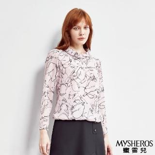【MYSHEROS 蜜雪兒】雪紡上衣 特殊小翻領 金銀蔥點綴線條 水果印花 縮腰(粉)