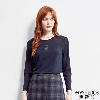 【MYSHEROS 蜜雪兒】素色上衣 圓領 鑽飾 微透膚袖(丈青)
