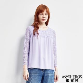 【MYSHEROS 蜜雪兒】含棉上衣 圓領 雙層蕾絲 拚接透膚袖(淺紫)