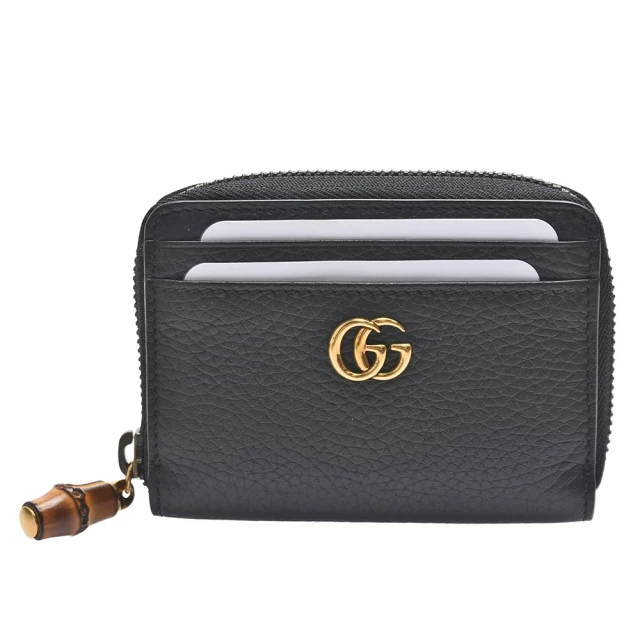 GUCCI 古馳 經典GG Marmont BAMBOO系列牛皮拉鍊零錢包(黑色739500-AABXM-1000)