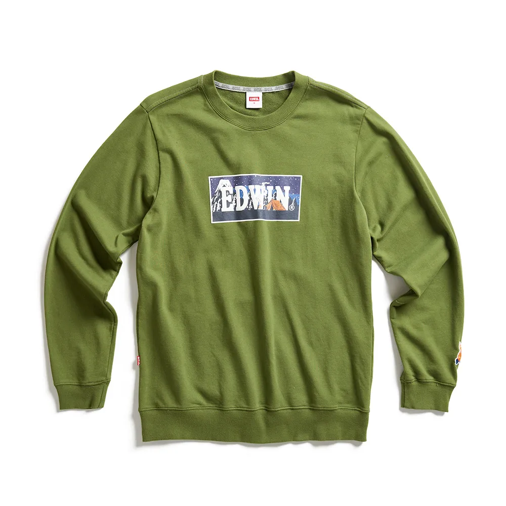 【EDWIN】男裝 露營系列 富士山營地BOX LOGO厚長袖T恤(橄欖綠)