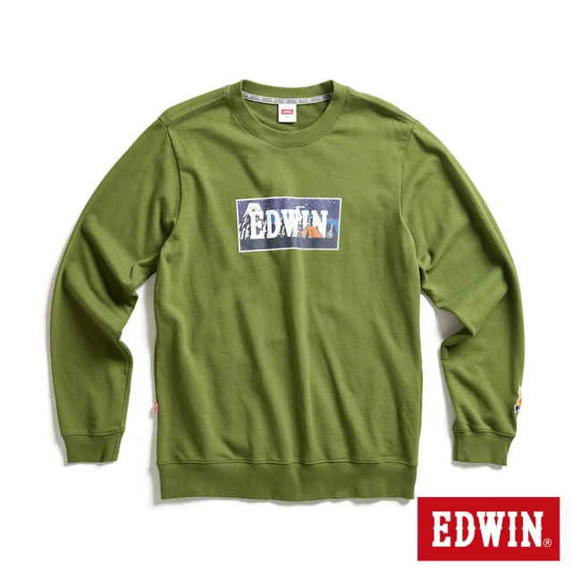 EDWIN 男裝 露營系列 富士山營地BOX LOGO厚長袖T恤(橄欖綠)
