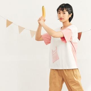 【Dailo】格子貓咪口袋拼接撞色休閒短袖上衣(黑 粉 卡)