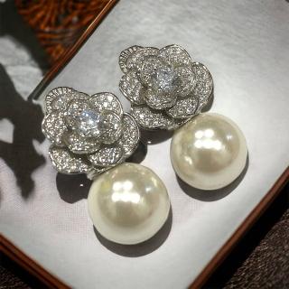 【I JEWELRY】高階手工純銀訂製 貴氣山茶花滿鑽玫瑰頂級鋯石大珍珠純銀耳環(附純銀保證卡)