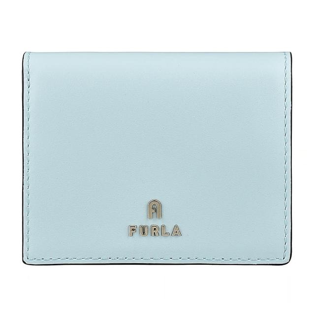 【FURLA 芙拉】FURLA CAMELIA拱門LOGO純色小牛皮4卡釦式短夾(薄荷藍)