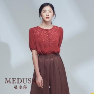 【MEDUSA 曼度莎】現貨-波浪邊刺繡雪紡上衣（M-2L）｜女上衣 女短袖上衣 加大尺碼(101-76901)