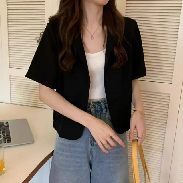 【Shiny 藍格子】純色雙釦寬鬆短袖西裝外套 V3817 現+預(女裝)