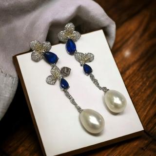 【I JEWELRY】高階手工純銀訂製系列 璀璨中國風小花朵頂級鋯石藍寶珍珠純銀耳環(附純銀保證卡)