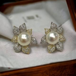 【I JEWELRY】高階手工純銀訂製 璀璨雙色黃白鑽頂級鋯石大珍珠純銀耳環(附純銀保證卡禮物包裝)