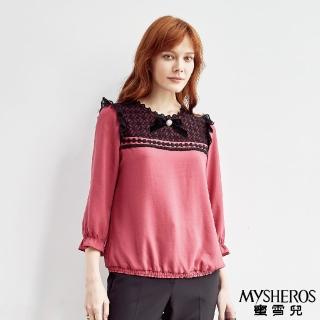 【MYSHEROS 蜜雪兒】圓領上衣 蕾絲拚接 鬆緊袖口 縮腰造型(豆沙)