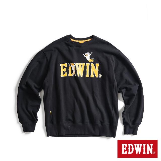 【EDWIN】男裝 橘標 摔角手E君飛撲印花LOGO寬版厚長袖T恤(黑色)