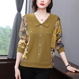 【Paiya 派亞】秋季新款翻領拼接寬鬆長袖t恤中年媽媽洋氣上衣(M-4XL)