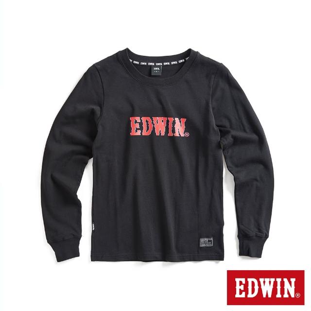 【EDWIN】女裝 EDGE 光能雜訊LOGO印花長袖T恤(黑色)