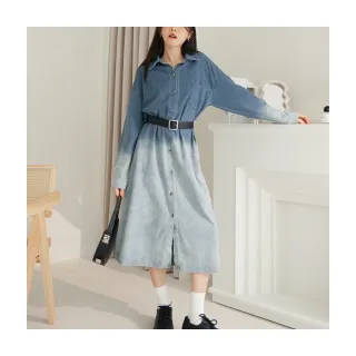 【OB 嚴選】純棉排釦漸層水洗牛仔長袖罩衫洋裝 《DA9827》