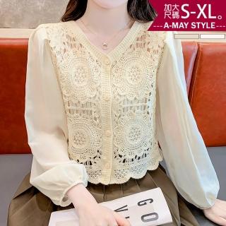 【艾美時尚】現貨 中大尺碼女裝 上衣 襯衫 復古勾花V領拼接雪紡衫。S-XL(2色)