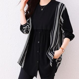 【麗質達人】1221黑色條紋拼接假二件上衣AA(L-5XL)