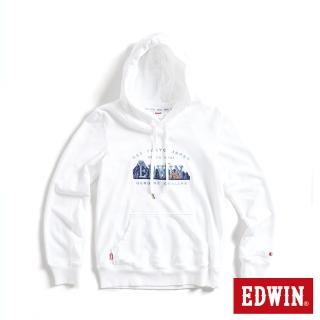 【EDWIN】女裝 露營系列 富士山刺繡LOGO連帽長袖T恤(米白色)