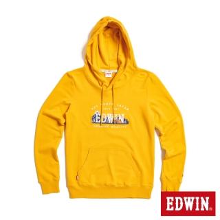 【EDWIN】女裝 露營系列 富士山刺繡LOGO連帽長袖T恤(桔黃色)