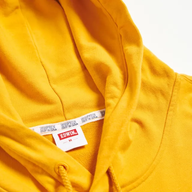 【EDWIN】女裝 露營系列 富士山刺繡LOGO連帽長袖T恤(桔黃色)