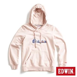 【EDWIN】女裝 露營系列 富士山刺繡LOGO連帽長袖T恤(淺粉紅)
