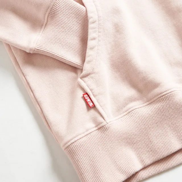 【EDWIN】女裝 露營系列 富士山刺繡LOGO連帽長袖T恤(淺粉紅)