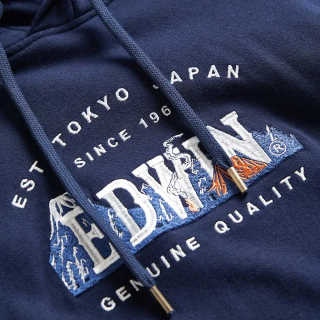 【EDWIN】女裝 露營系列 富士山刺繡LOGO連帽長袖T恤(丈青色)