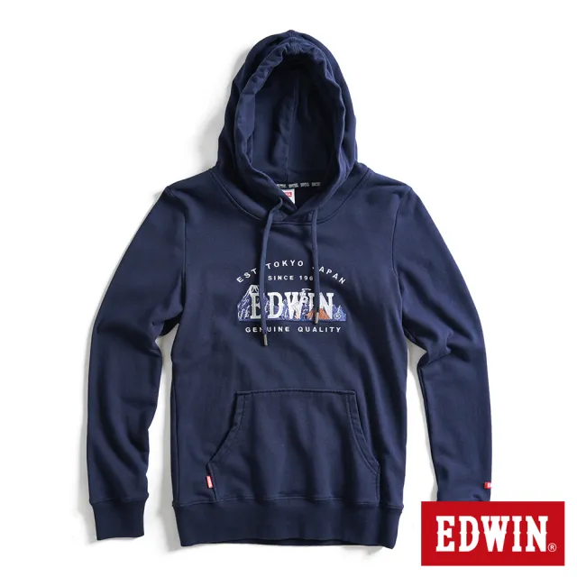 【EDWIN】女裝 露營系列 富士山刺繡LOGO連帽長袖T恤(丈青色)