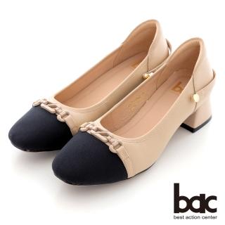 【bac】小香風拼接兩穿式瑪莉珍粗跟鞋(杏色)