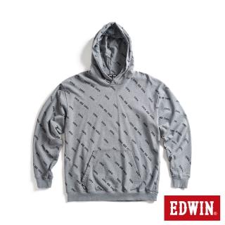 【EDWIN】男裝 EDGE 滿版印花 LOGO連帽長袖T恤(灰色)