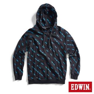 【EDWIN】男裝 EDGE 滿版印花 LOGO連帽長袖T恤(黑色)