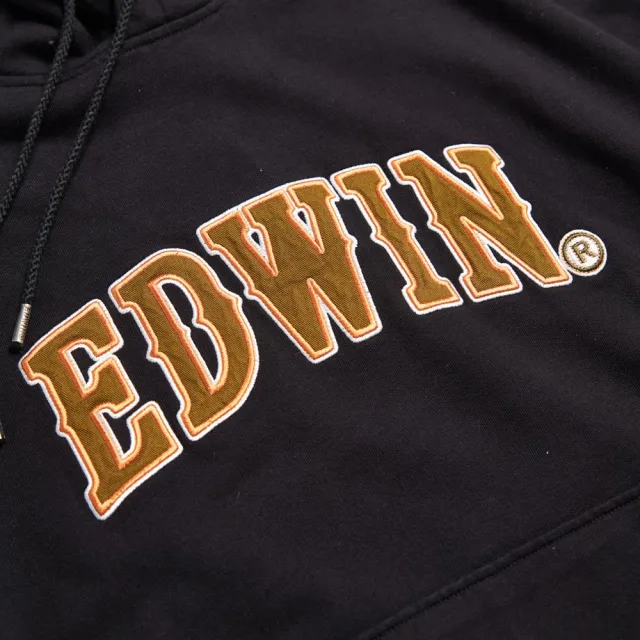 【EDWIN】男裝 橘標 寬版貼布大LOGO連帽長袖T恤(黑色)