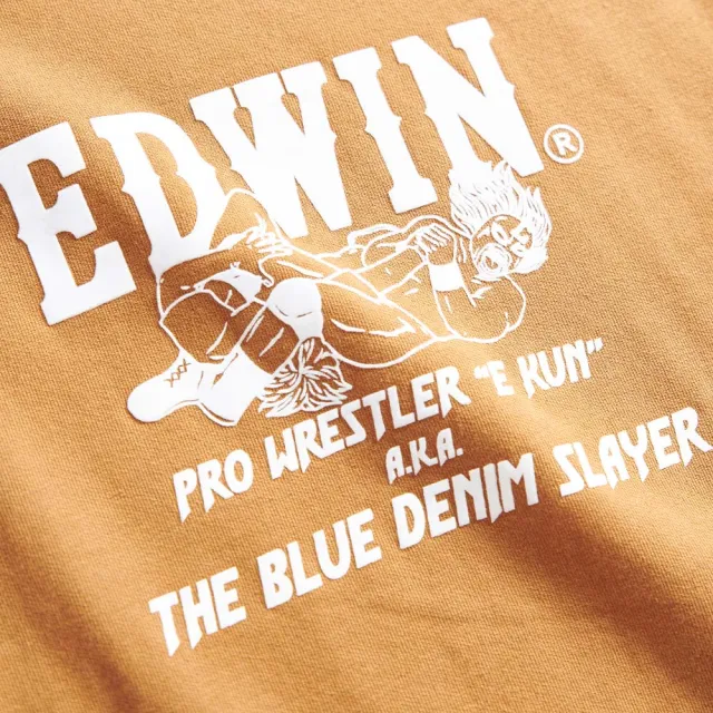 【EDWIN】男裝 橘標 摔角手E君摔角技寬版厚長袖T恤(土黃色)