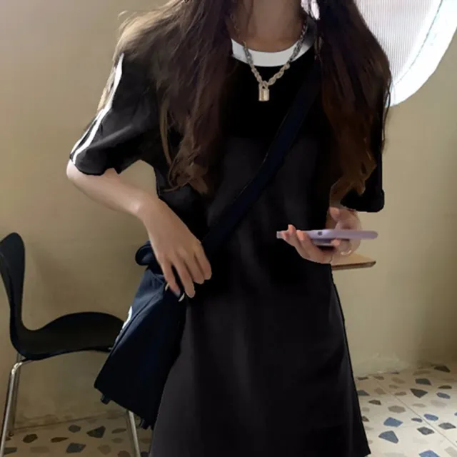 【D.studio】韓版小個子顯瘦休閒中長款連衣裙(洋裝 套裝 連身裙 短袖上衣 短袖t恤 女裝 S203)