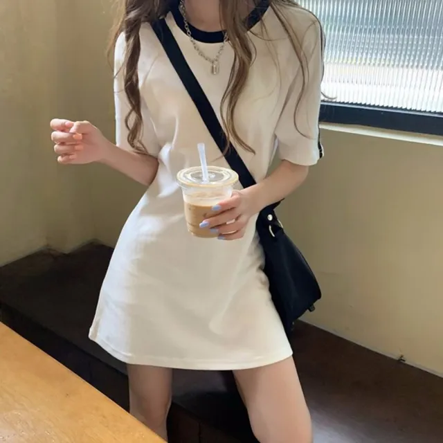 【D.studio】韓版小個子顯瘦休閒中長款連衣裙(洋裝 套裝 連身裙 短袖上衣 短袖t恤 女裝 S203)