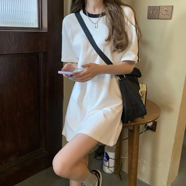 【D.studio】韓版小個子顯瘦休閒中長款連衣裙(洋裝 套裝 連身裙 短袖上衣 短袖t恤 女裝 S203)
