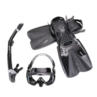 【AQUATEC】SMF-100 浮潛三寶 黑色套組  面鏡+呼吸管+蛙鞋 適合腳長26-29公分(浮潛套組 浮潛蛙鞋 浮潛面鏡)