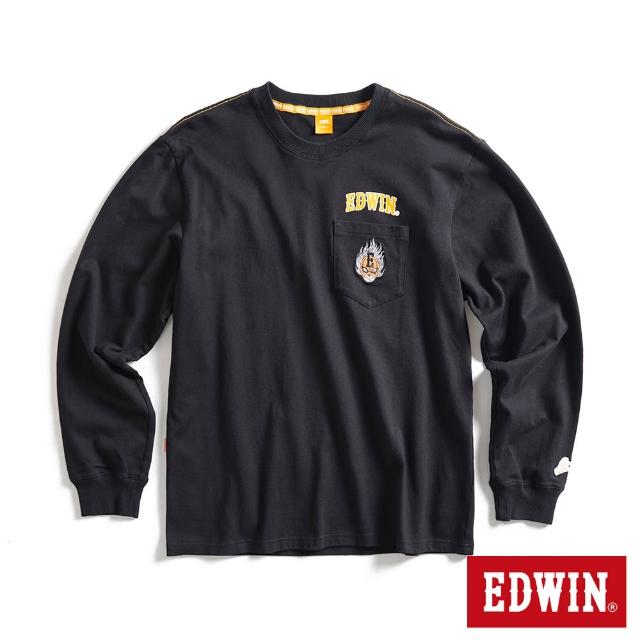 【EDWIN】男裝 橘標 摔角手E君面具口袋長袖T恤(黑色)