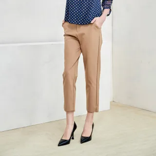 【MYSHEROS 蜜雪兒】直筒休閒褲 鈕釦拉鏈後鬆緊 褲頭裝飾設計 素色好搭配(卡其)