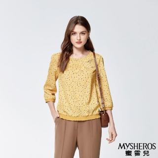 【MYSHEROS 蜜雪兒】雪紡上衣 附珍珠飾品 彈性縮口 異材拼接(黃)